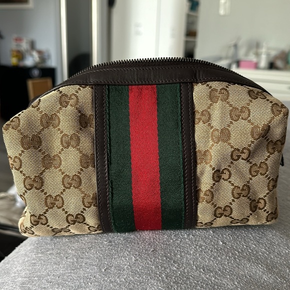GUCCI Monogram Web Small Cosmetic Case Dark Brown EXCELLENT CONDITION - Picture 4 of 9
